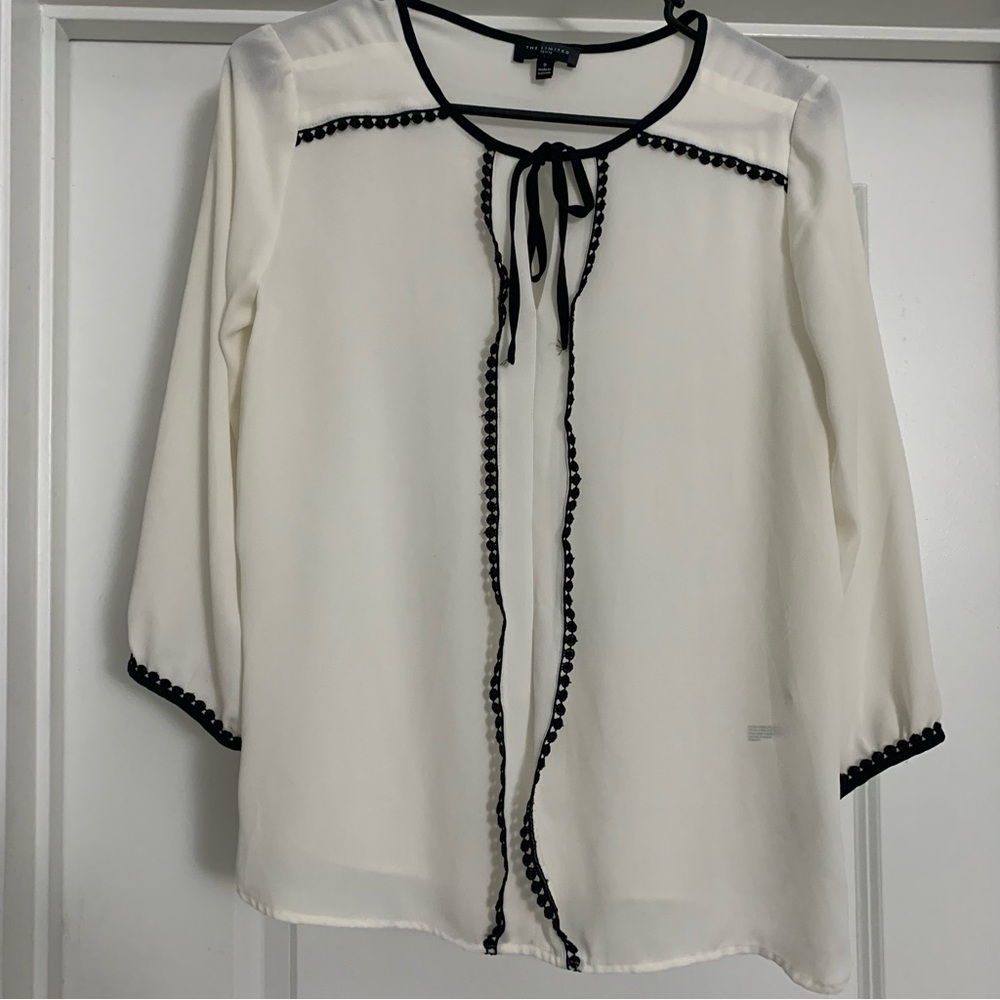 The Limited—White top with black detail/trim and tie collar. Petite. Size Small